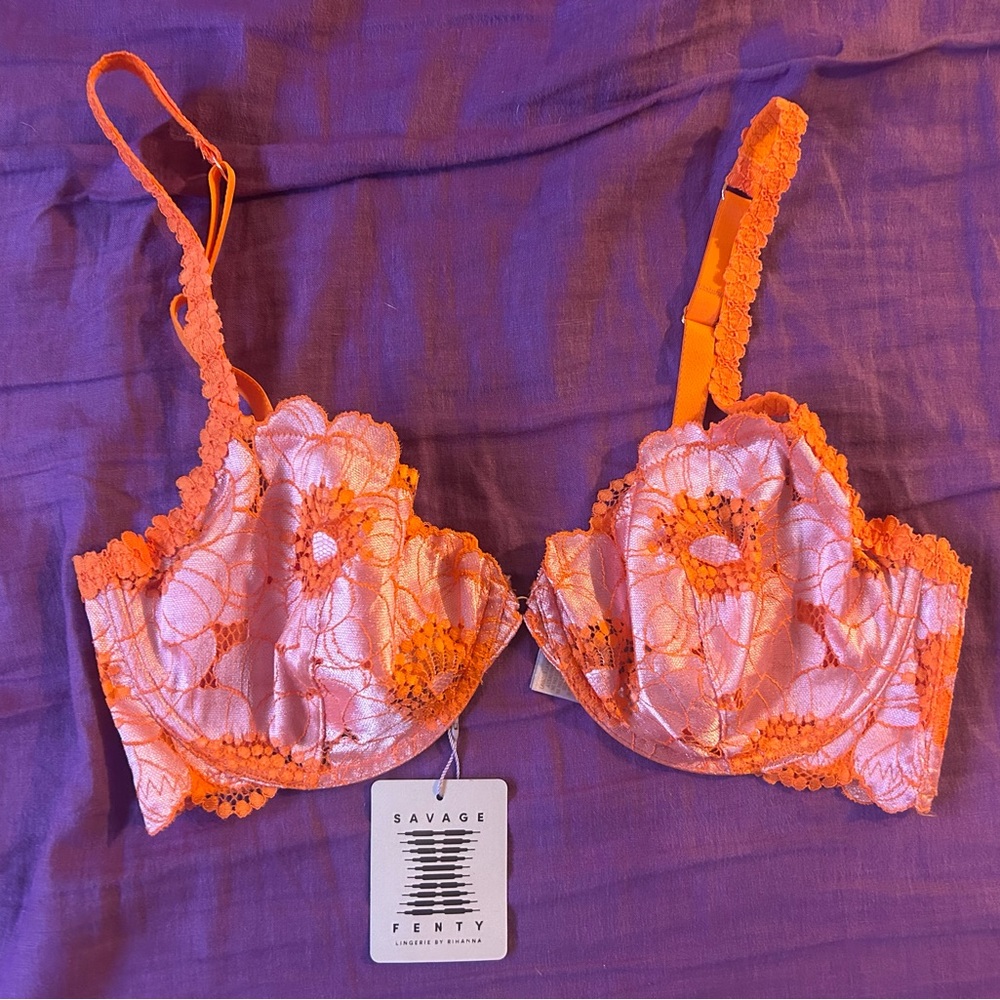 Savage X Fenty Vibrant Orange Floral Lace Bra